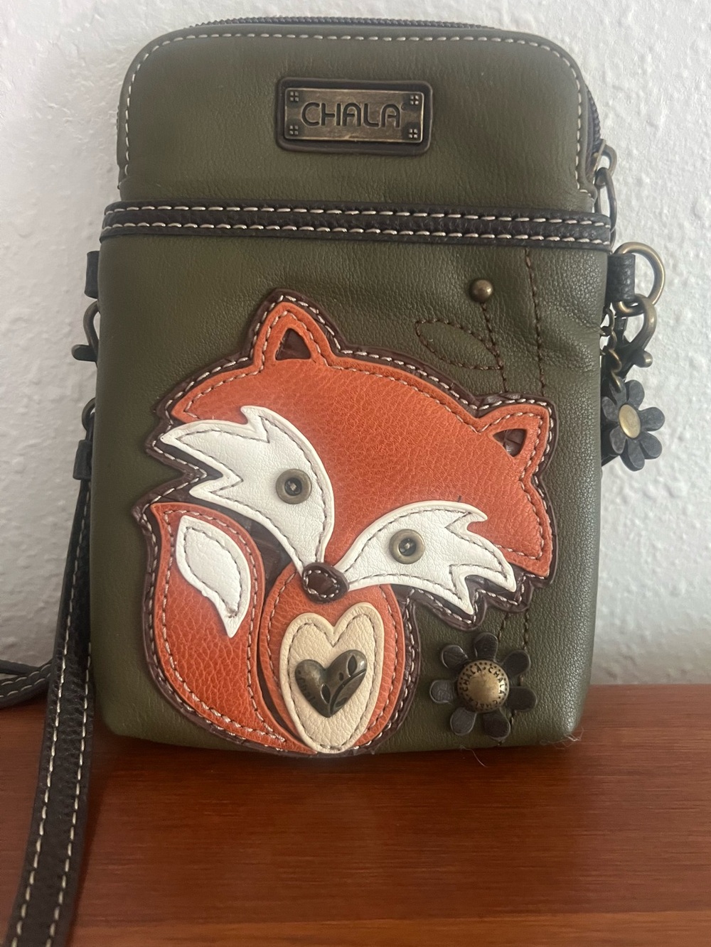 Chala Olive & Orange Fox Crossbody Bag with Floral Accent